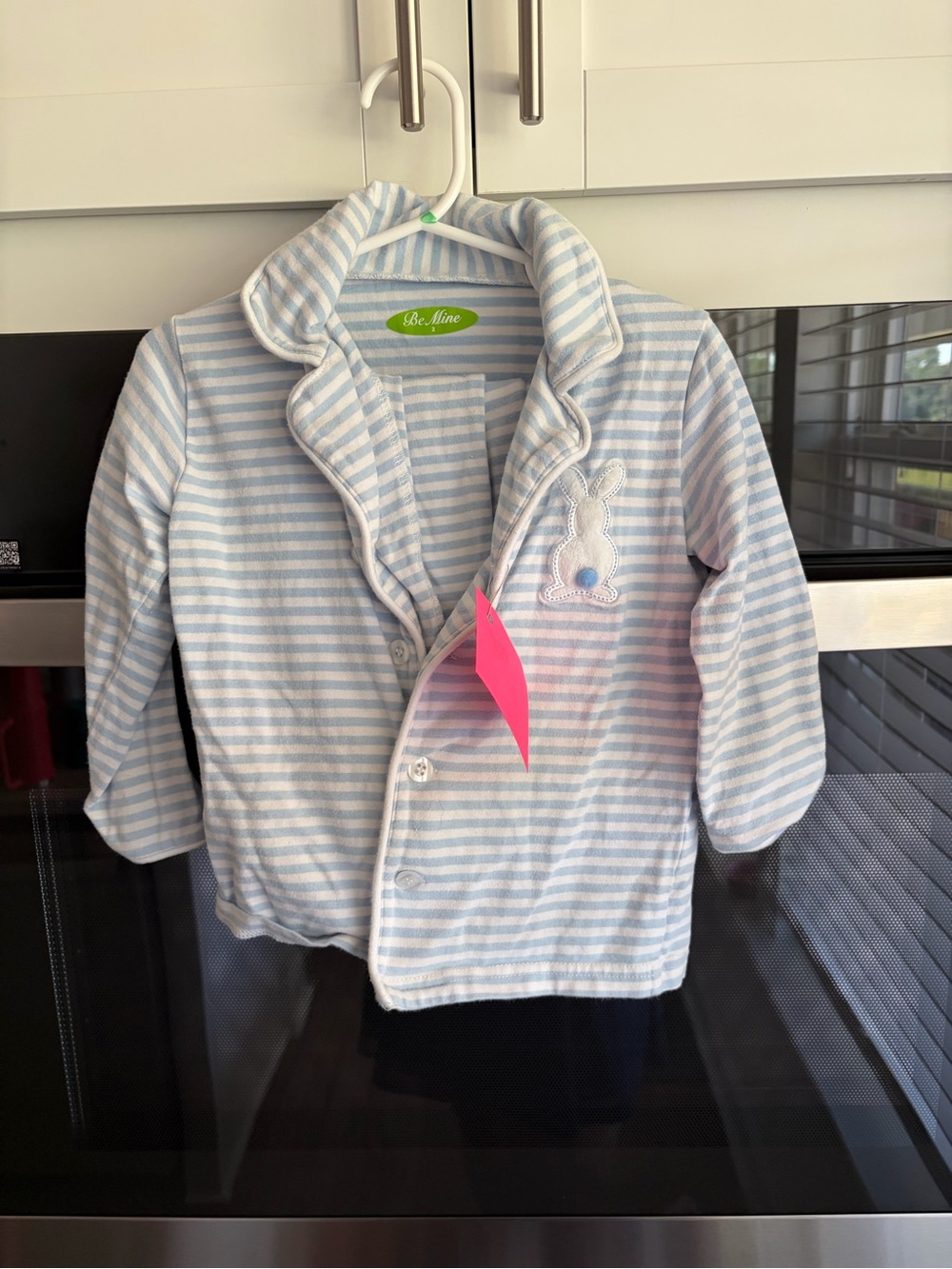 Be Mine Light Blue & White Striped Kids Pajama Set with Bunny Applique